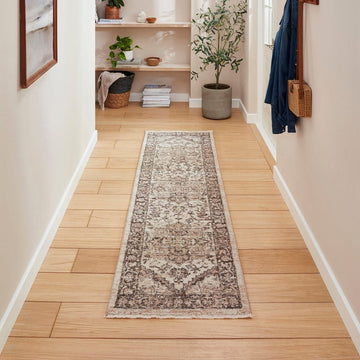 Vintage 35018 Traditional Distressed Heriz Medallion Border Soft-Touch Cream/Grey/Beige Runner-Think Rugs-Rug Love - The Most Loved Rug Store